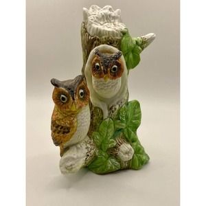 Vintage Owls In Tree Stump With Ivy Figurine